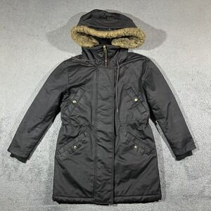 J. Crew Winter Parka Coat Women's XS Black PrimaLoft Quilted Jacket Fur Lining